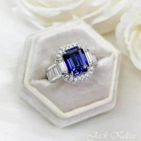 NEW LUXURY BLUE DIAMOND S925 STERLING SILVER RING CUTE RING SHINY RING.